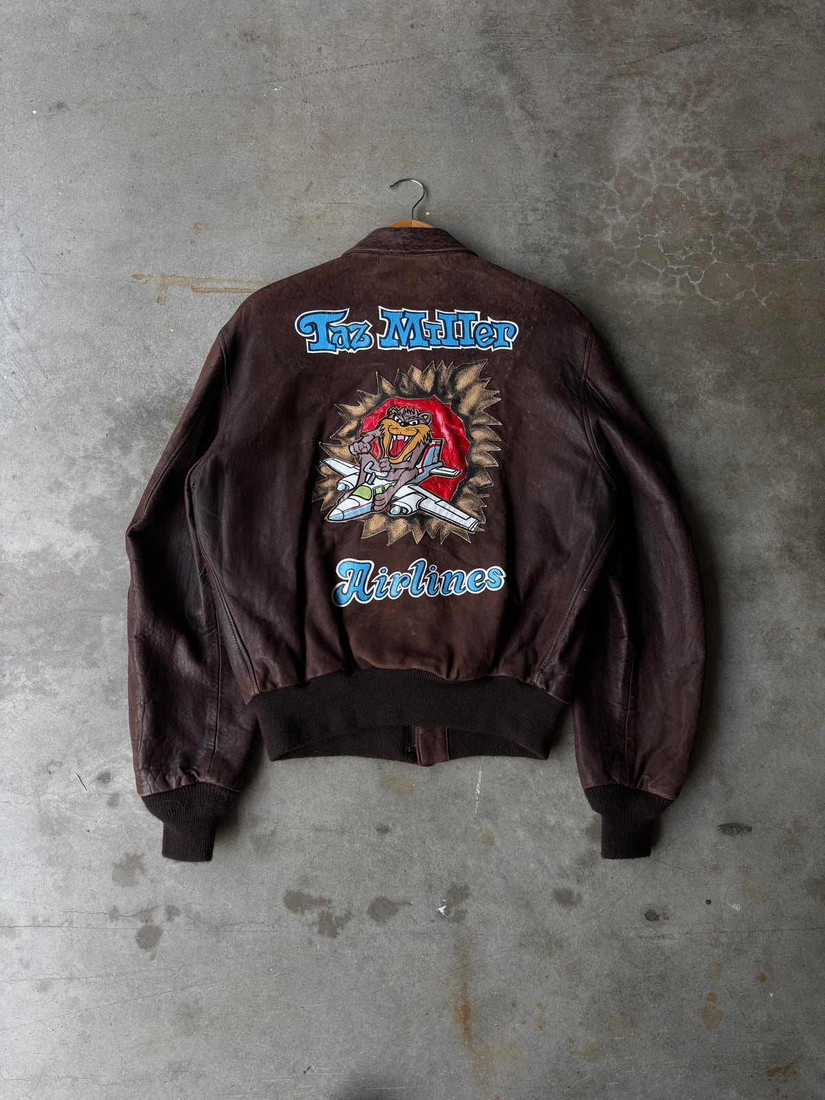 1990s Handpainted "Taz Airlines" A2 Leather Jacket