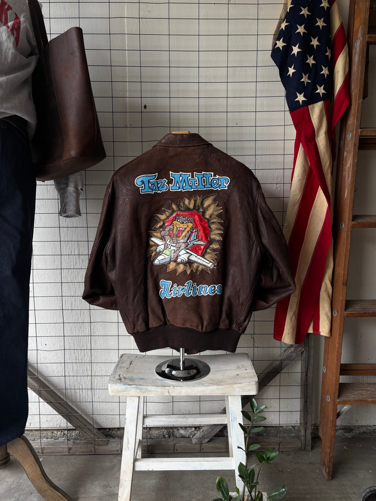 1990s Handpainted "Taz Airlines" A2 Leather Jacket
