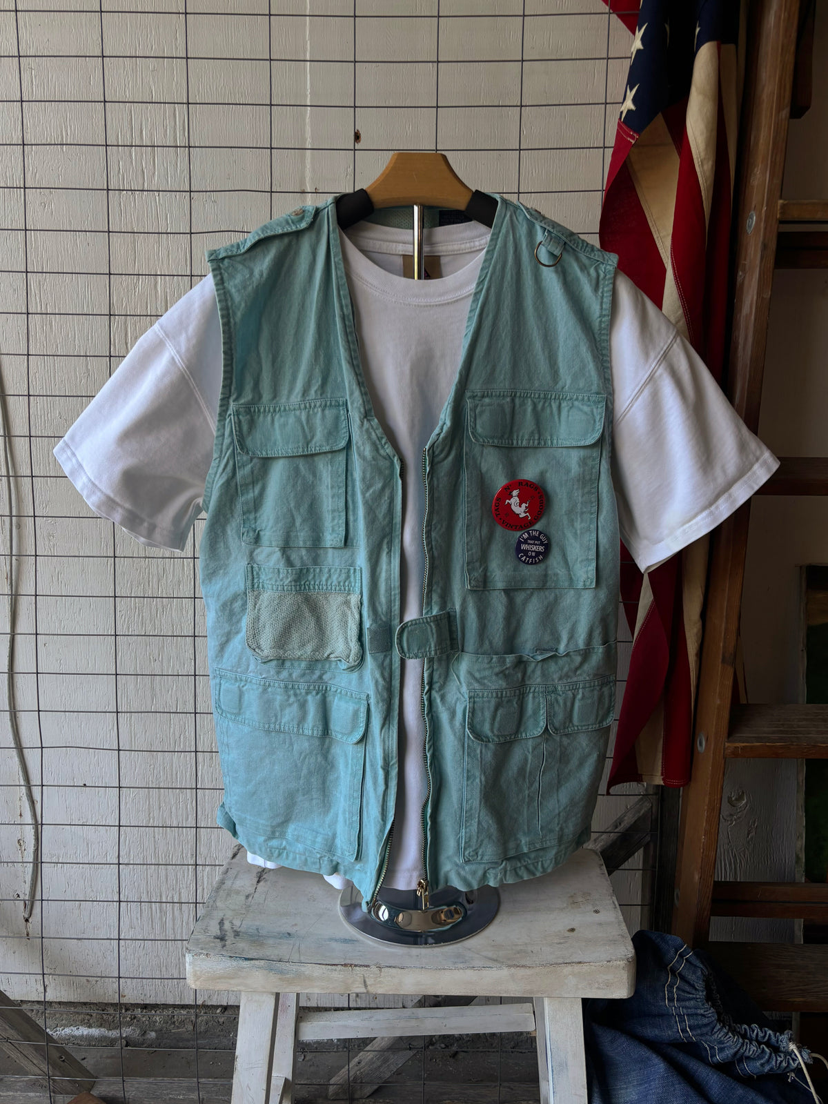 1980s Turquoise Fishing Vest + Buttons